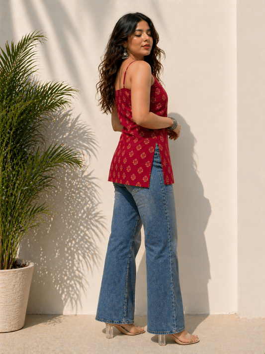 Classy Red Printed Pure Cotton Sleevless Kurti