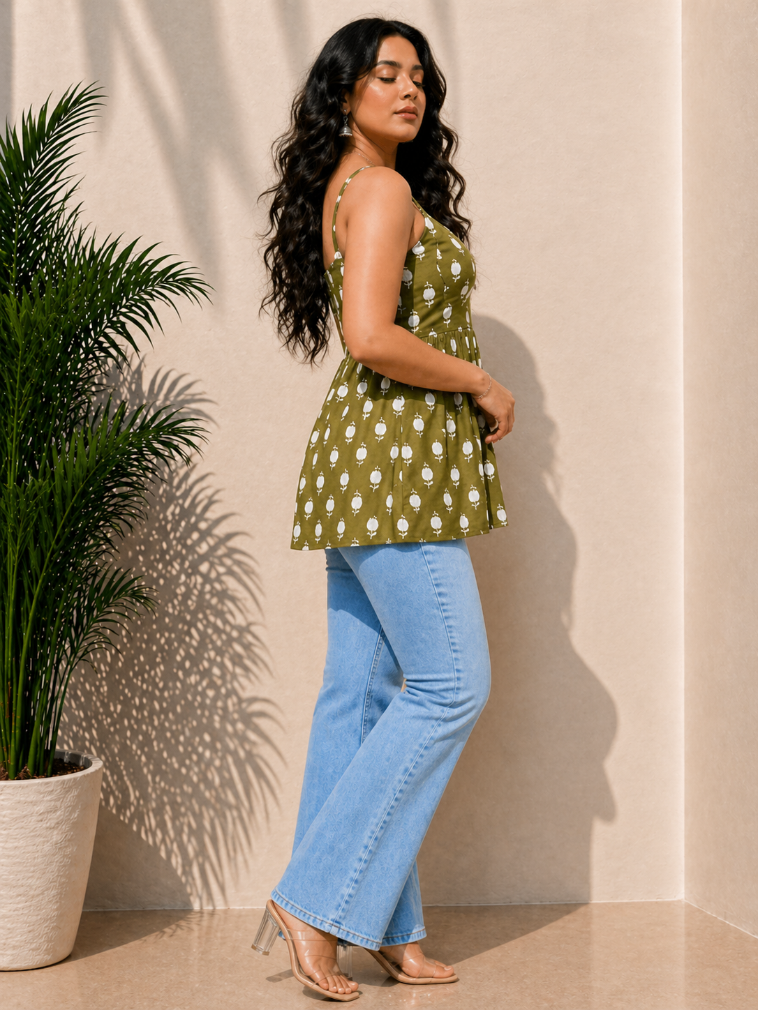 Classy Olive Green Sleevless Peplum Top