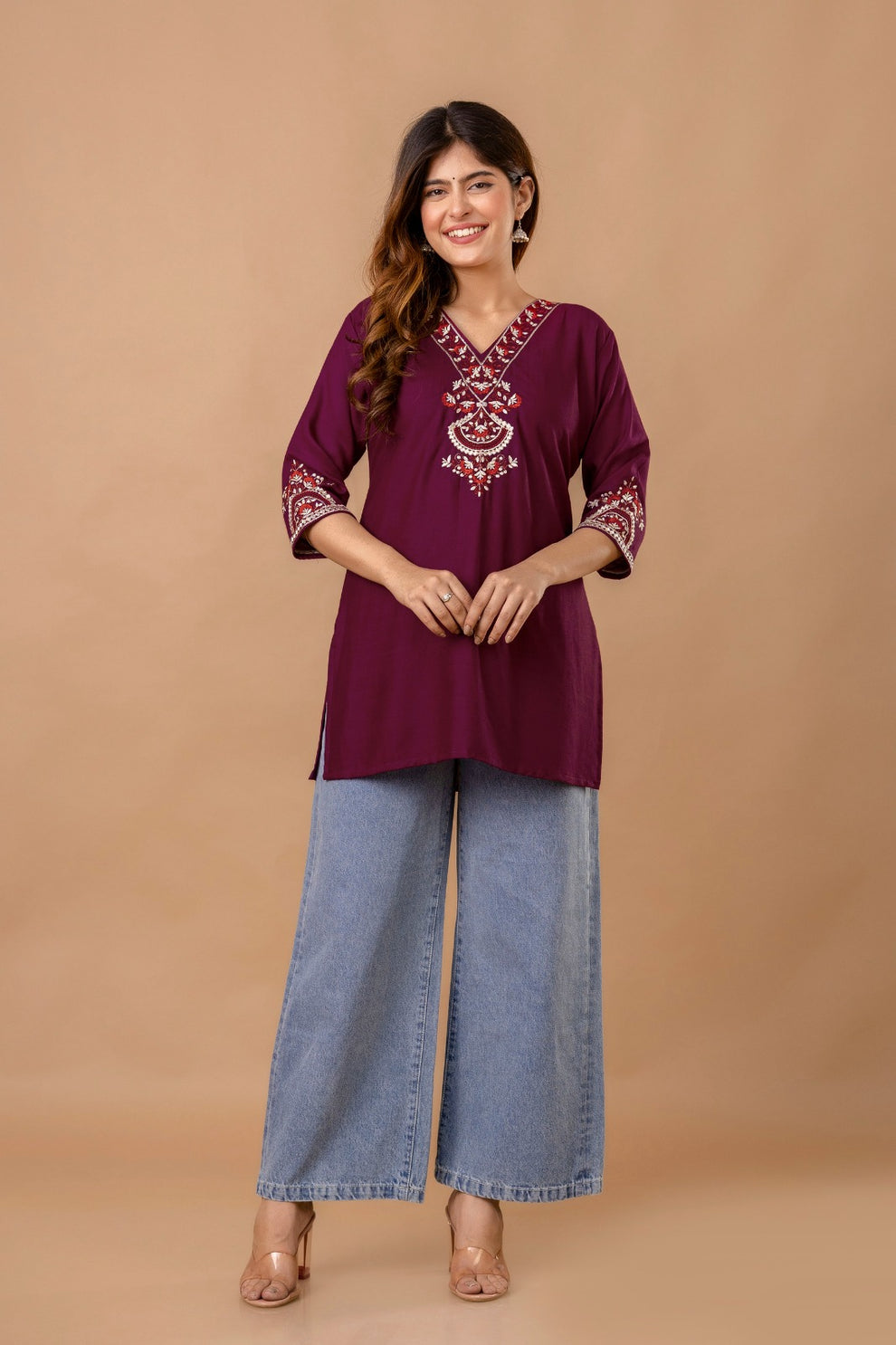 Maroon Garden Cotton Short Kurta - Maroon with Red Floral Embroidery
