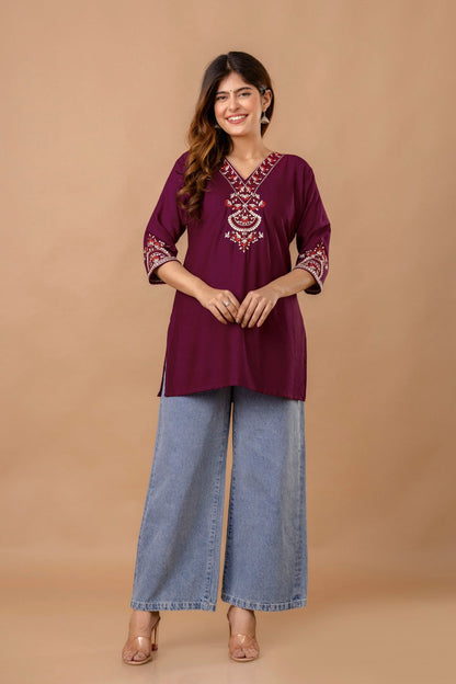 Maroon Garden Cotton Short Kurta - Maroon with Red Floral Embroidery