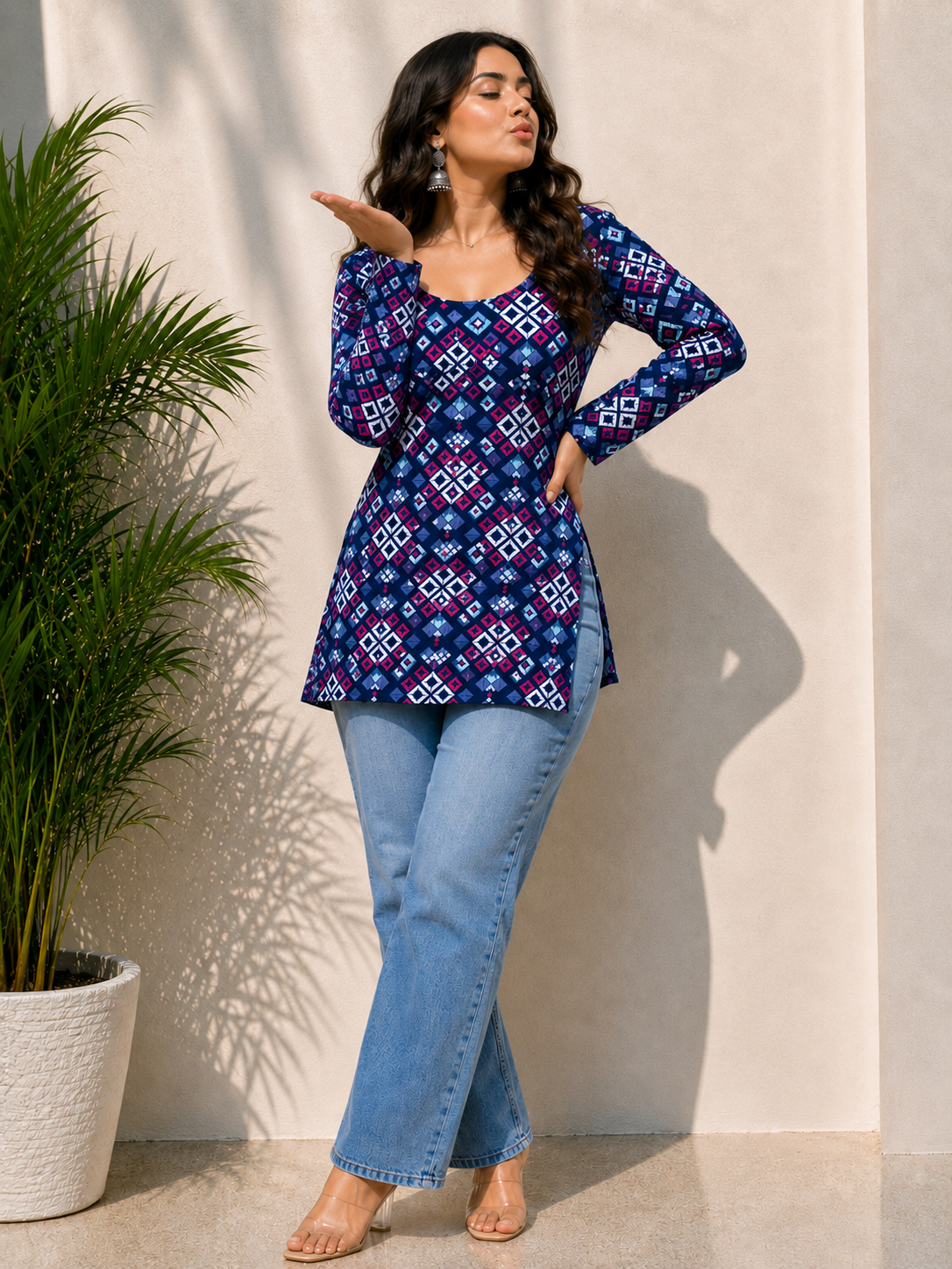 Glossy Geometric Ikat Print Short Kurti