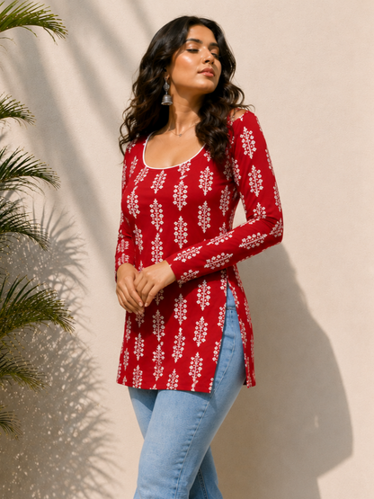 Beutiful Red Printed Short Kurti