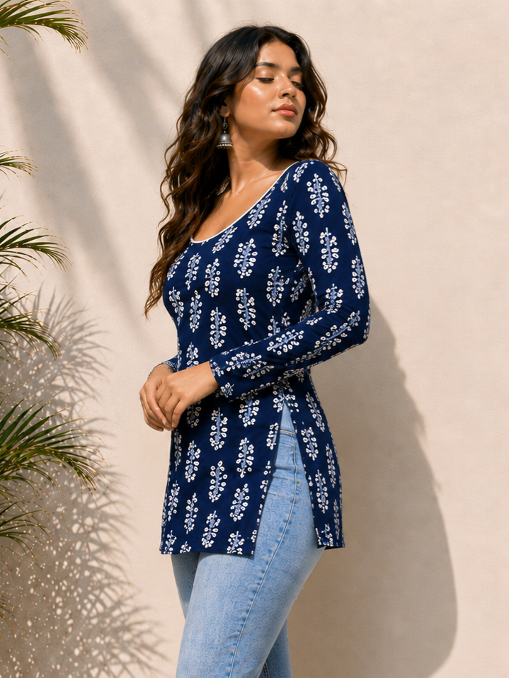 Classy Navy Blue Printed Short Kurti