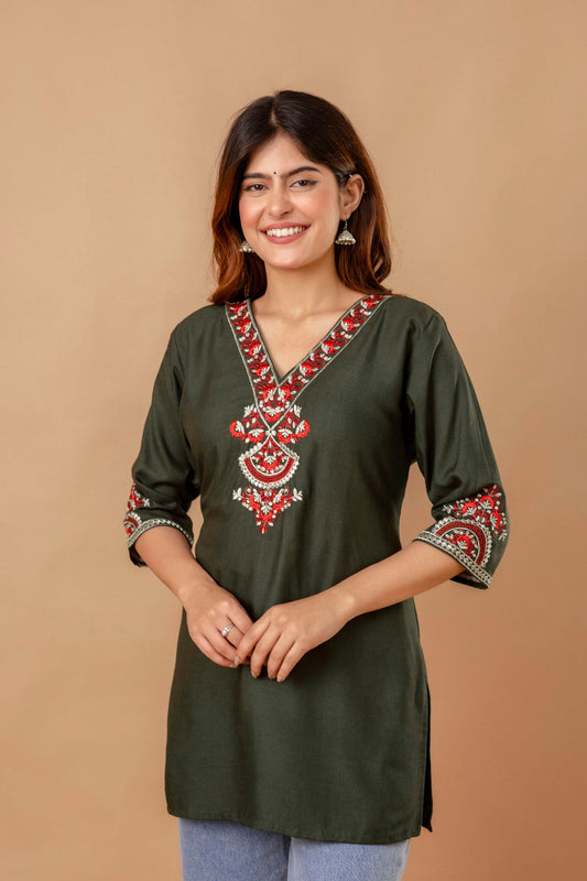 Olive Garden Cotton Short Kurta - Olive with Red Floral Embroidery
