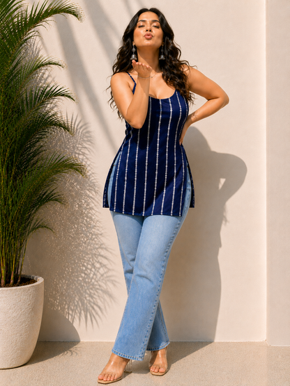 Classy Royal Blue Line Work Sleevless Kurti