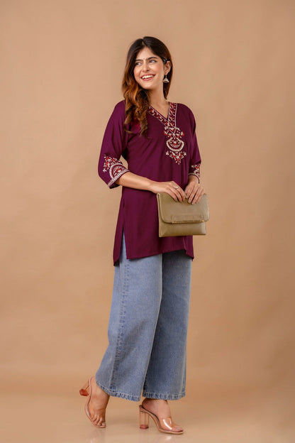 Maroon Garden Cotton Short Kurta - Maroon with Red Floral Embroidery