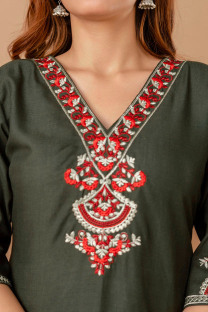 Olive Garden Cotton Short Kurta - Olive with Red Floral Embroidery
