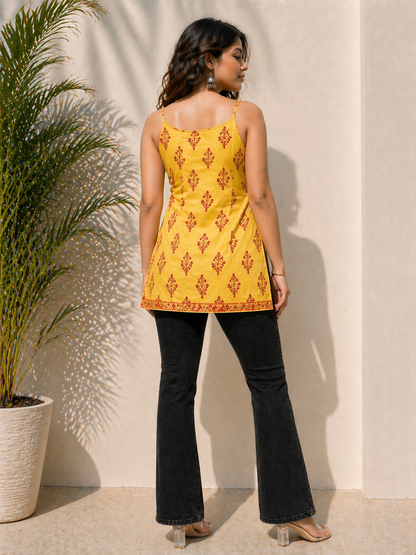 Sunraise Yellow Printed Pure Cotton Sleevless Kurti