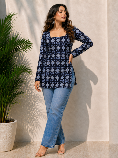Trendy Elusion Print Square Neck Short Kurti