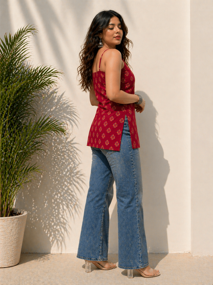 Classy Red Printed Pure Cotton Sleevless Kurti