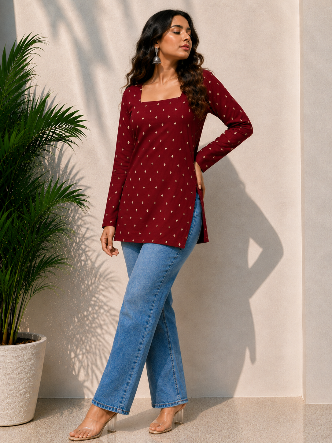 Trendy Square Neck Maroon Color With Beutiful Golden Print Short Kurti