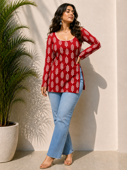 Beutiful Red Printed Short Kurti