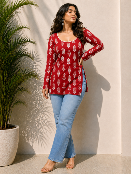 Beutiful Red Printed Short Kurti