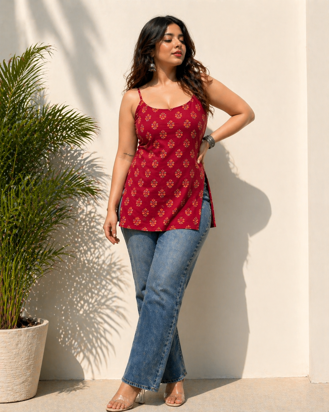 Classy Red Printed Pure Cotton Sleevless Kurti