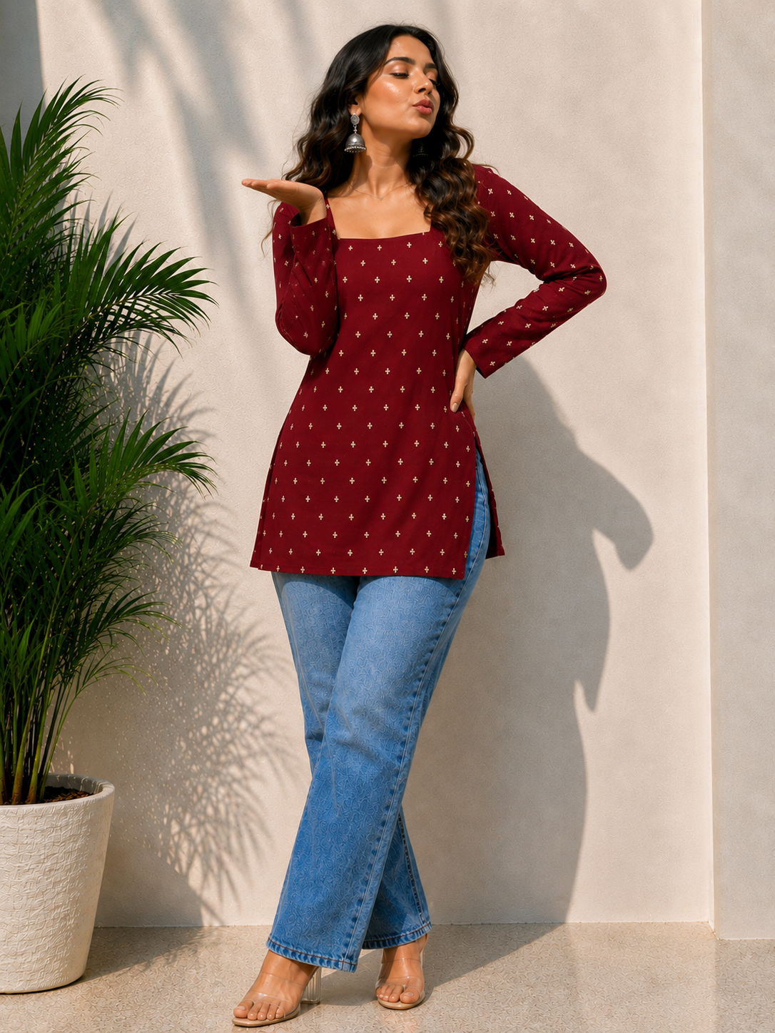 Trendy Square Neck Maroon Color With Beutiful Golden Print Short Kurti