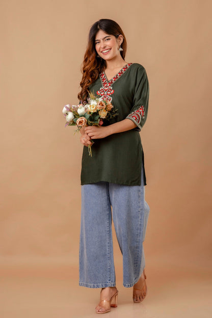 Olive Garden Cotton Short Kurta - Olive with Red Floral Embroidery