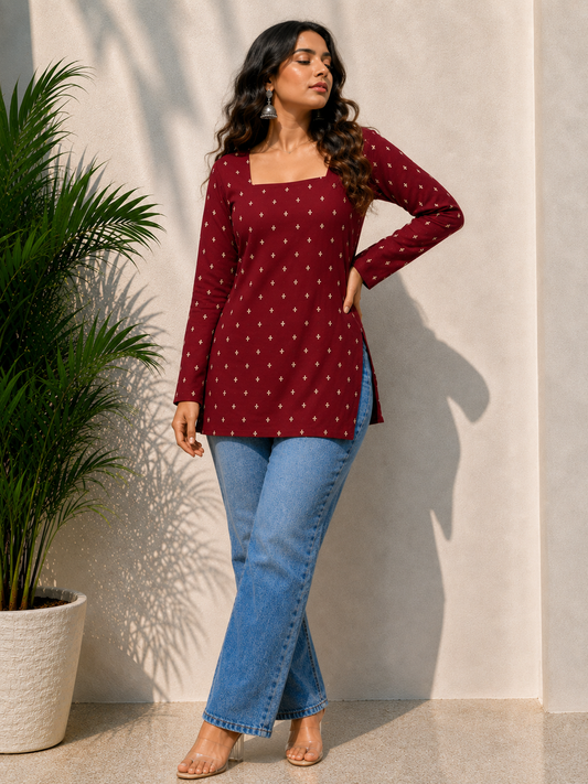 Trendy Square Neck Maroon Color With Beutiful Golden Print Short Kurti