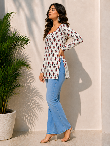 Beutiful White Printed Short Kurti