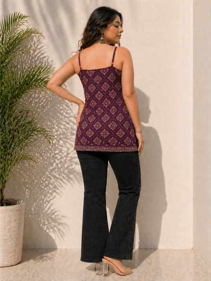 Bandhej Bandhani Printed Pure Cotton Purple Sleevless Kurti