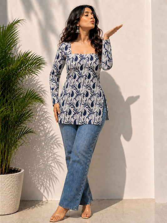Beutiful Moonlight Grey Printed Short Kurti