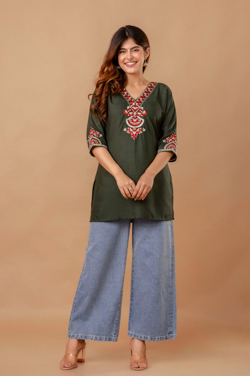 Olive Garden Cotton Short Kurta - Olive with Red Floral Embroidery