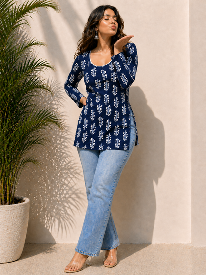 Classy Navy Blue Printed Short Kurti