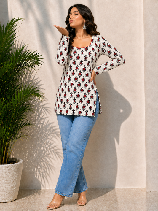 Beutiful White Printed Short Kurti