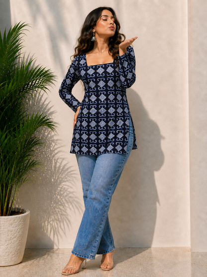 Trendy Elusion Print Square Neck Short Kurti
