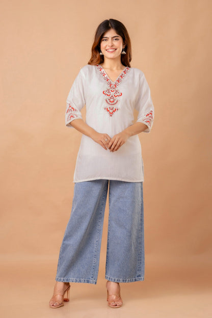 White Garden Cotton Short Kurta - White with Red Floral Embroidery