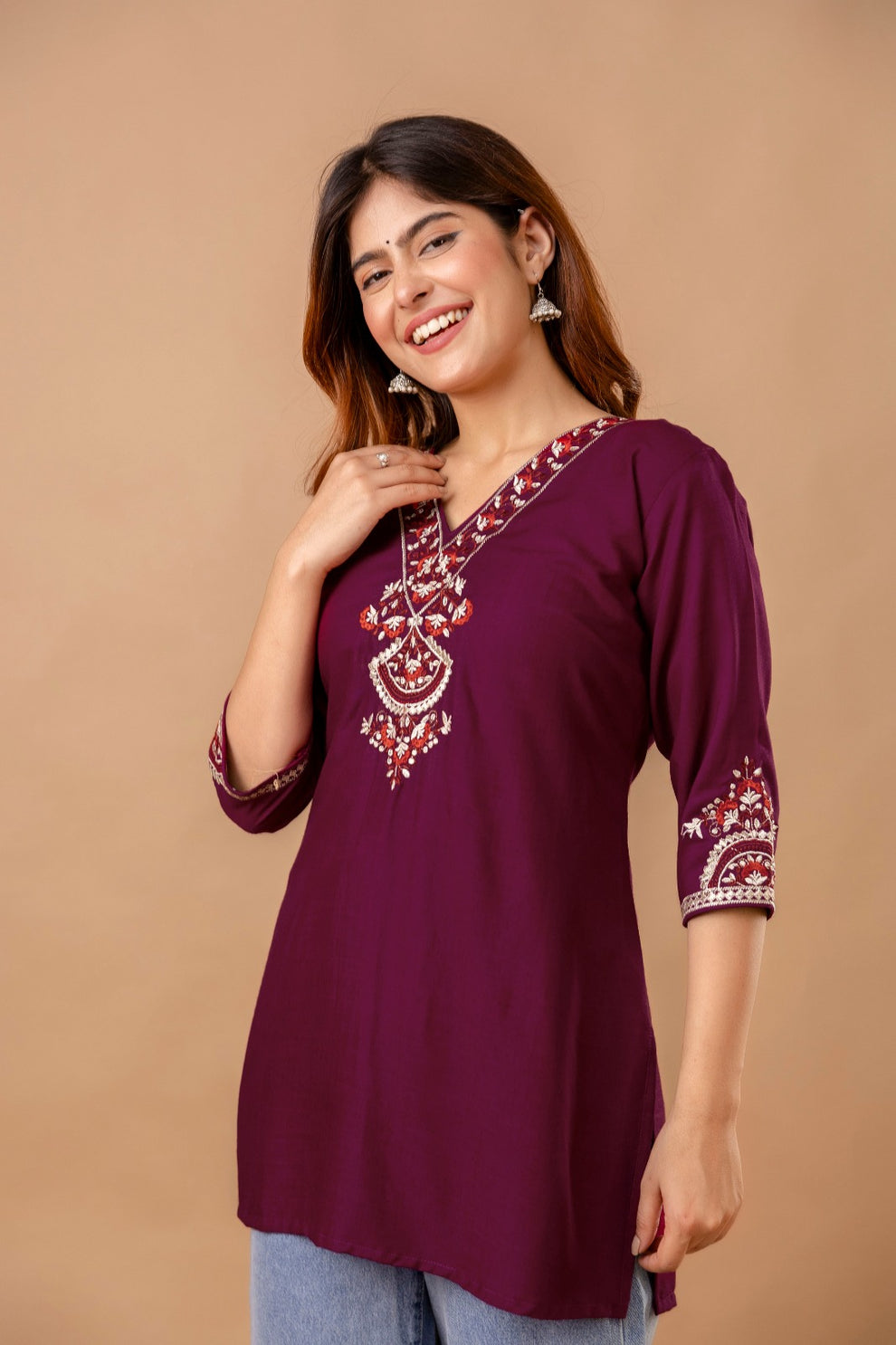 Maroon Garden Cotton Short Kurta - Maroon with Red Floral Embroidery